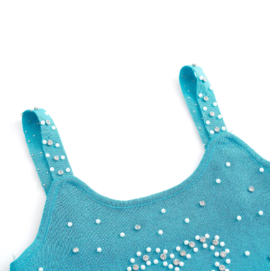 Summer Backless Knit Crew Neck Beaded Tank Top