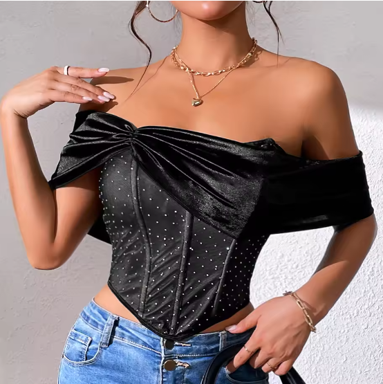 Beaded Spliced Mesh Black Strapless Top