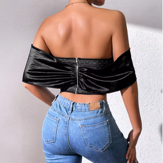 Beaded Spliced Mesh Black Strapless Top