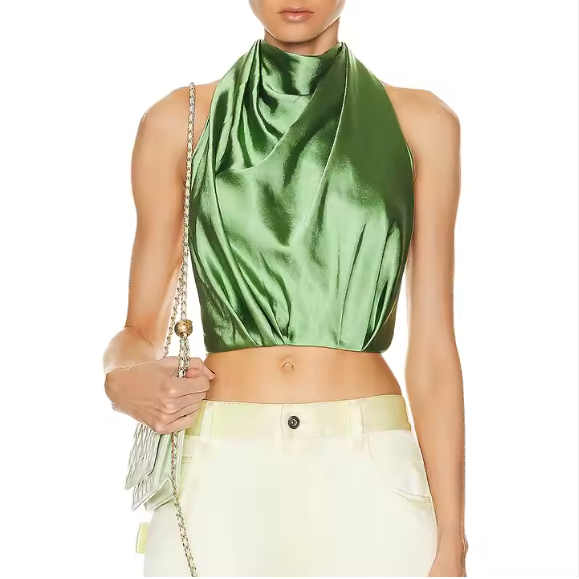 Sexy Backless Satin Silk Ruffle Womens Top