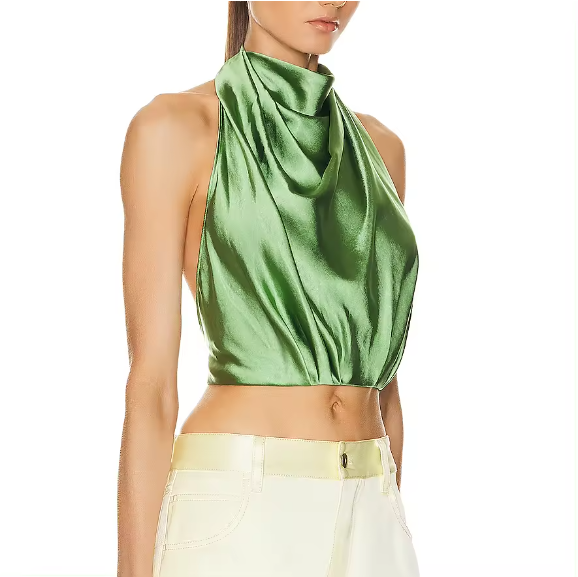 Sexy Backless Satin Silk Ruffle Womens Top