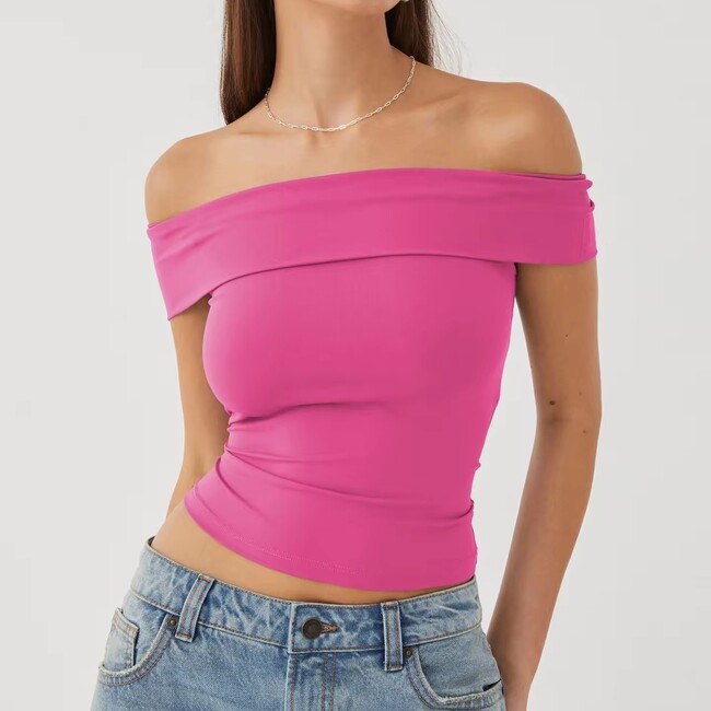Womens Solid Colour Slim Straight Shoulder Top
