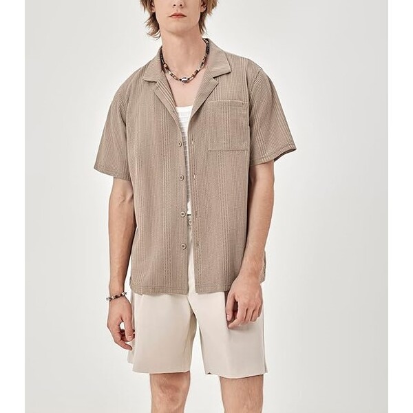 Mens Casual Button Down Shirts Short Sleeve Knitted Tops with Pocket