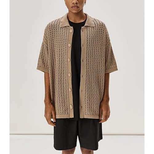 Mens Short Sleeve Shirt Button Down Crochet Casual Cardigan Sweater