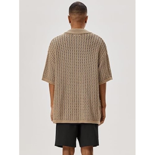 Mens Short Sleeve Shirt Button Down Crochet Casual Cardigan Sweater