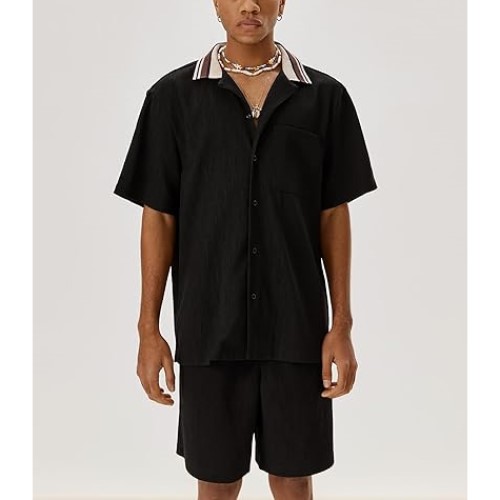 Mens Button Down Short Sleeve Casual Summer Beach Textured Shirt
