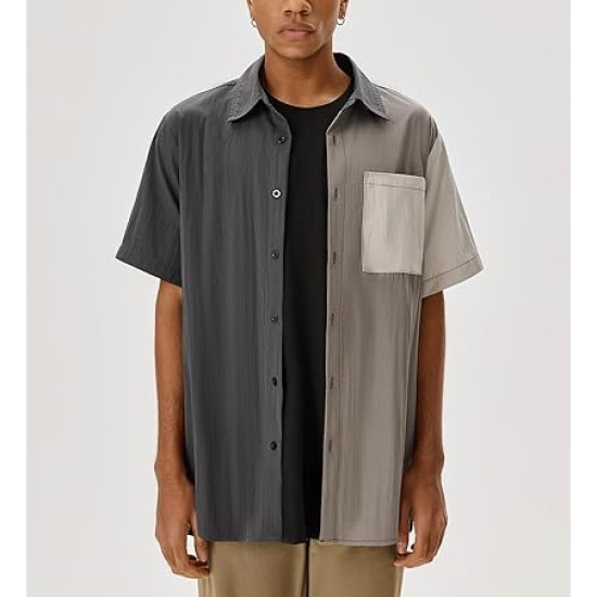 Mens Short Sleeve Shirts Casual Color Block Button Down with Pocket