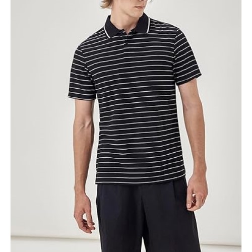 Mens Striped Polo Shirt Short Sleeve Stretch Casual Work Golf